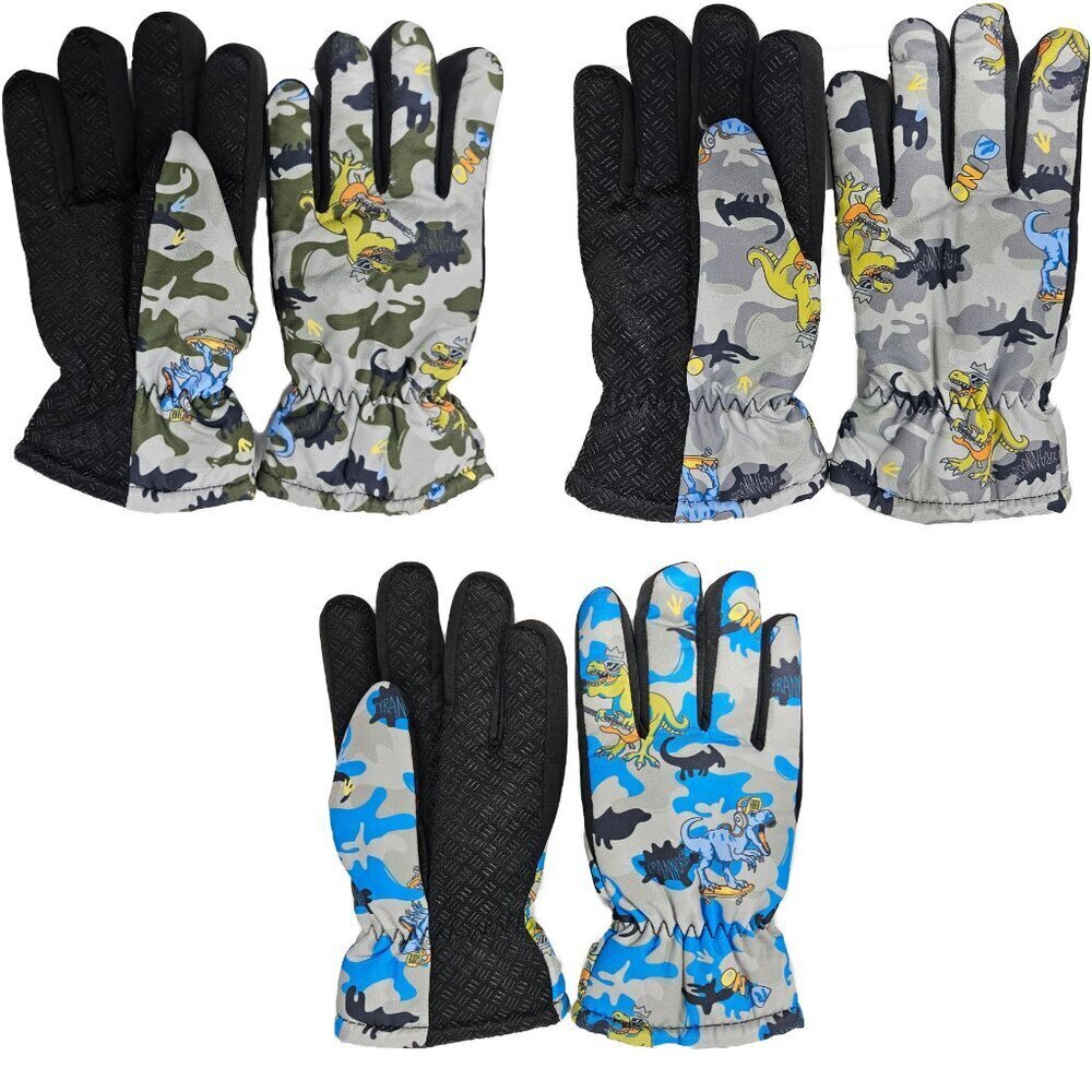 Kids Winter Gloves Boys Girls Ski Glove Faux Fur Lined Dinosaur Designs, 3-Pairs